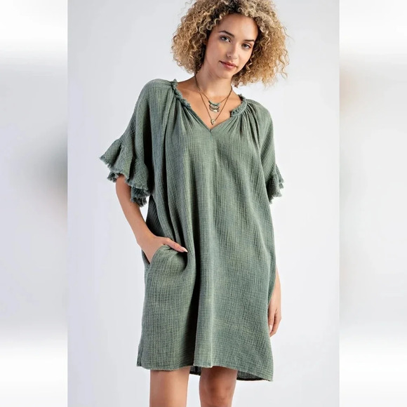 New! Easel Green Mineral Washed Cotton Gauze Dress - Picture 4 of 6